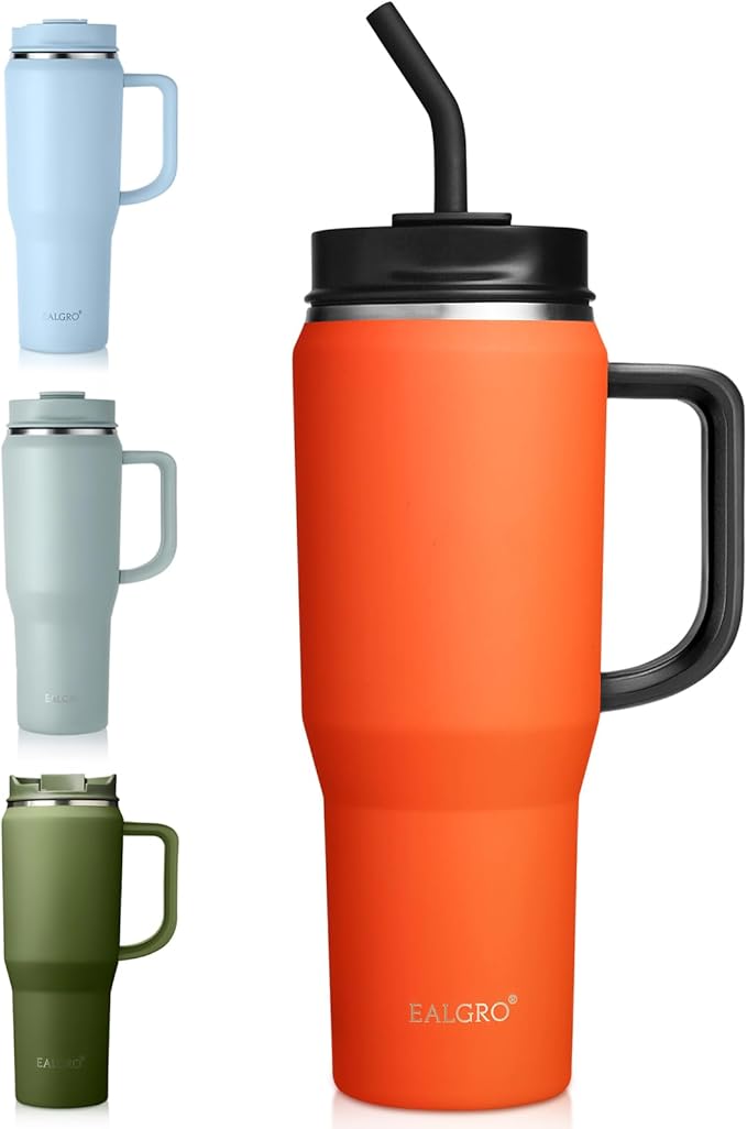 40 oz Tumbler with Handle, Insulated Tumblers with Lid and Straw, Large Metal Sports Water Bottle Jug, Thermal Stainless Steel Travel Coffee Mug Cup, Orange Red