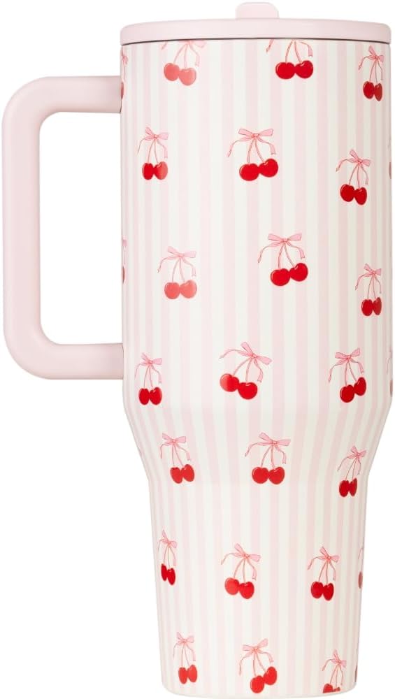 HydroJug Traveler - 32 oz Water Bottle with Handle & Flip Straw - Fits in Cup Holder, Leak Resistant Tumbler-Reusable Insulated Stainless Steel & Rubber Base - Gifts for Women & Men, Sweet Cherry