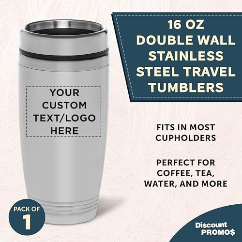 DISCOUNT PROMOS Custom 16 oz Stainless Steel Coffee Tumbler - Custom Cups with Names, Photos, Logos - Personalized Design for Hot & Cold Drinks - Silver