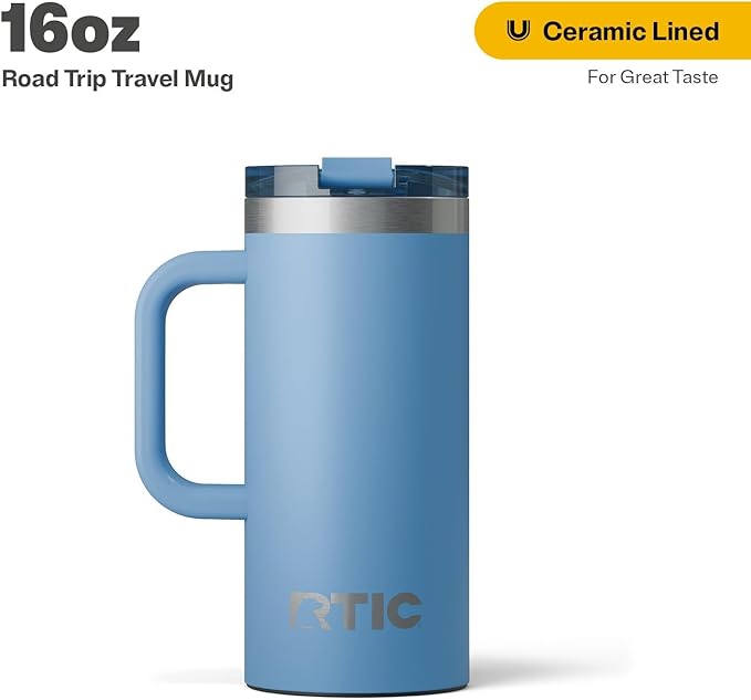 RTIC 16oz Road Trip Travel Mug with Lid and Handle, Insulated, Stainless Steel, Metal, Double Wall Vacuum-Insulation, Ceramic Lined, Portable Coffee, Tea Cup for Hot and Cold Drink, Denim