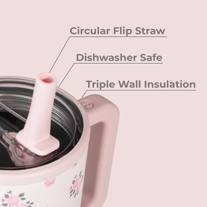 HydroJug Traveler - 40 oz Water Bottle with Handle & Flip Straw - Fits in Cup Holder, Leak Resistant Tumbler-Reusable Insulated Stainless Steel & Rubber Base - Gifts for Women & Men, Wildrose