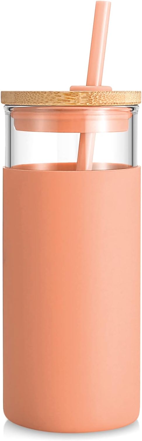 Tronco 20 oz Glass Tumbler with Lid and Straw, Iced Coffee Cup and Smoothie Cup with Bamboo Lids & Protective Silicone Sleeve, Dishwasher Safe, BPA-Free, Glass Cup 1 Pack