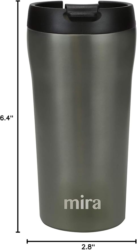 MIRA 12 oz Coffee Travel Mug - Stainless Steel Insulated Tumbler with Leak-Proof Lid - Hot & Cold Cup - Gray Satin