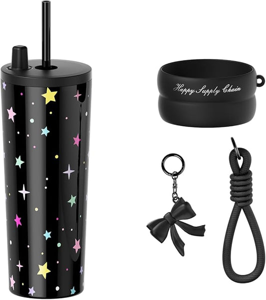 24 oz Stainless Steel Tumbler with Lid and Straw, Insulated Water Bottle Leak Proof for Hot and Cold, Portable Travel Coffee Mug, Reusable Coffee Cup for Women, Black Star