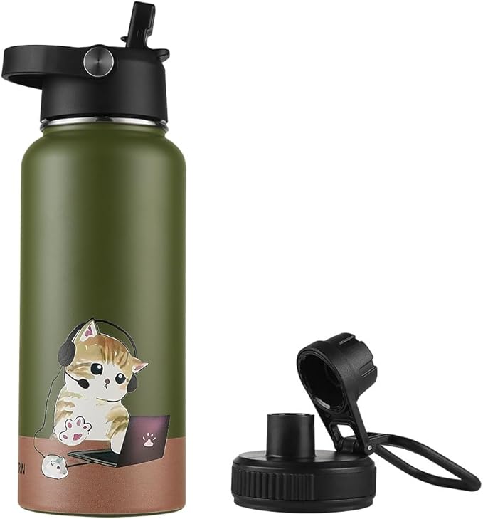 Funkrin Insulated Water Bottle with Straw Lid & Spout Lid, 32oz Personalized Vacuum Stainless Steel Travel Mug, Leak Proof Double Wall Bottle for Hot & Cold Beverages