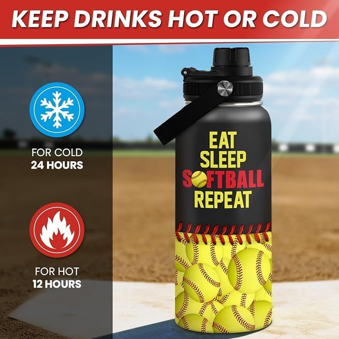 Softball Gift Water Bottle - 32oz Insulated Stainless Steel Sport Bottle