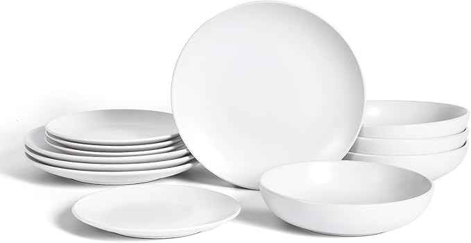 Earth & Clay Mia 12-Piece Stoneware Dinnerware Set, Plates and Bowls Set, Dishwasher and Microwave Safe, Dish Set for 4, White
