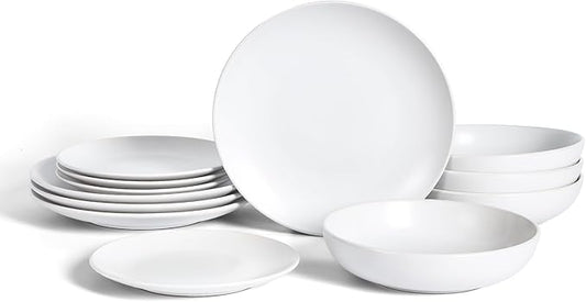 Earth & Clay Mia 12-Piece Stoneware Dinnerware Set, Plates and Bowls Set, Dishwasher and Microwave Safe, Dish Set for 4, White