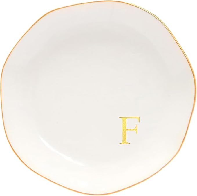 Ceramic Jewelry Tray Initial Ring Dish Personalized A-Monogrammed Engagement Wedding Gifts, for Birthday Mother's Day Christmas for Women, Ceramic White 4.75" (F)