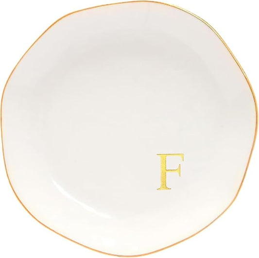 Ceramic Jewelry Tray Initial Ring Dish Personalized A-Monogrammed Engagement Wedding Gifts, for Birthday Mother's Day Christmas for Women, Ceramic White 4.75" (F)