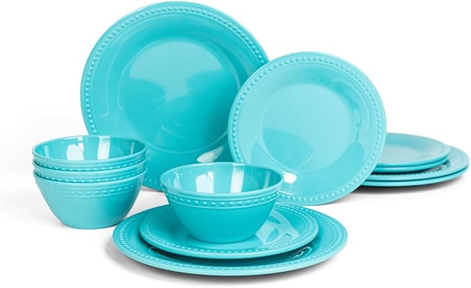 Aqua Melamine Dinnerware Sets of 12 Pcs, BPA Free Dishes Set, Plates and Bowls Sets for Indoor Outdoor Dining on the Beach, RV, Camping Use,Lightweight Unbreakable Dishwasher Safe