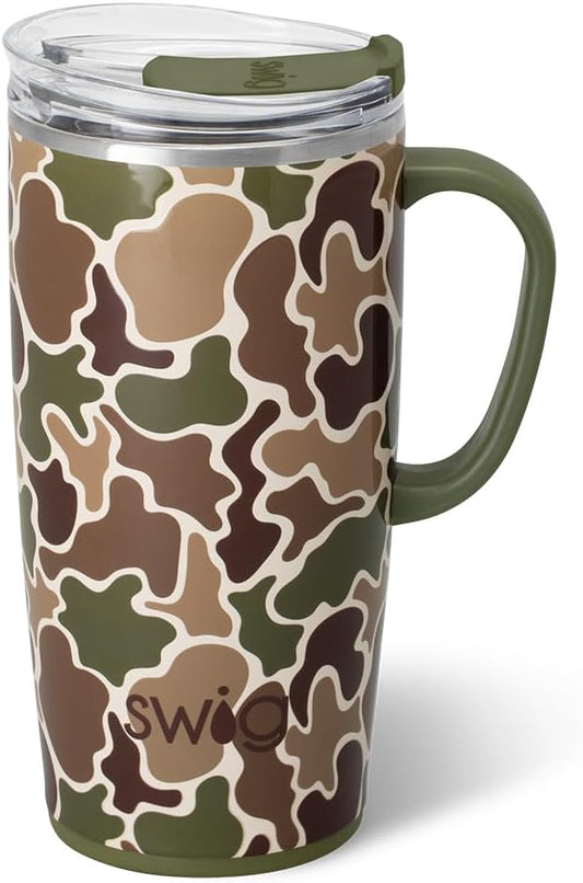 Swig Life 22oz Travel Mug, Insulated Tumbler with Handle and Lid, Travel Coffee Mug, Cup Holder Friendly, Stainless Steel 22 oz Tumbler, Reusable Insulated with Lid (Hunting Camo)
