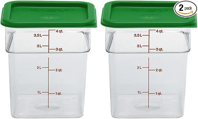 Cambro Food Storage Container with Lid (2 Pack) - Classic Series Square with Green Lid - 4 QT (Quart) - Commercial Grade for Food Prep (Clear)
