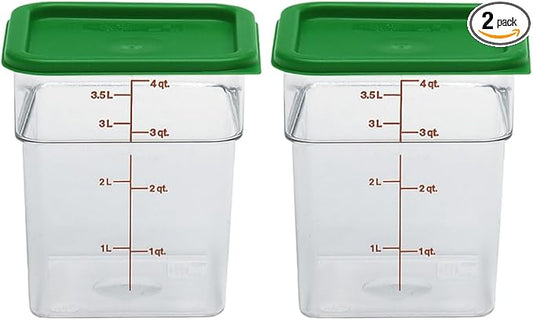 Cambro Food Storage Container with Lid (2 Pack) - Classic Series Square with Green Lid - 4 QT (Quart) - Commercial Grade for Food Prep (Clear)