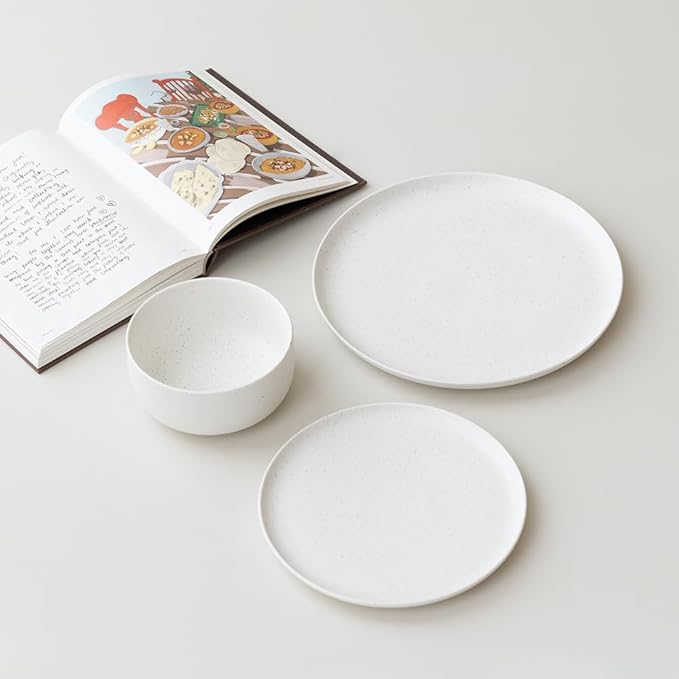 Stoneware Plates and Bowls Set - 12pcs Reactive Glazed Dinnerware Service for 4, Scratch & Chip Resistant (Nacre White)