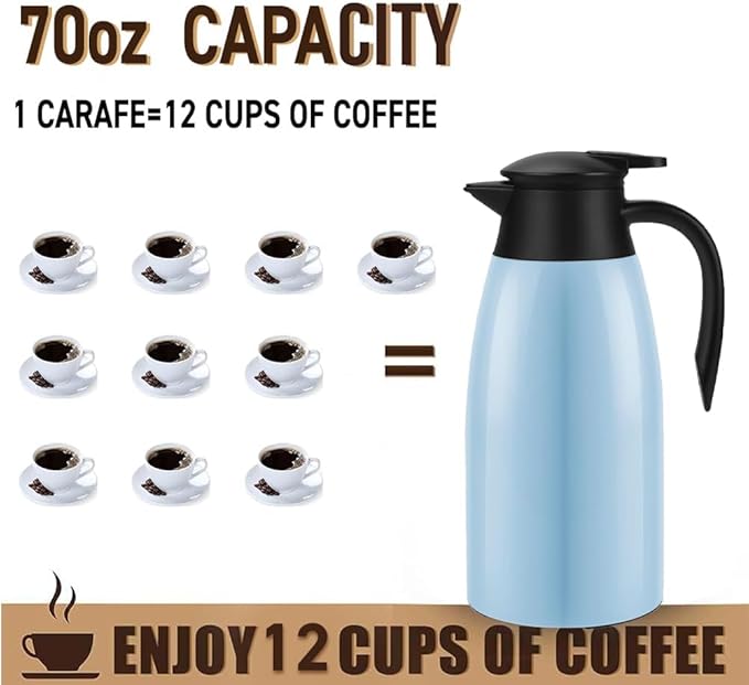 70oz Coffee Carafe Airpot Insulated Coffee Urn Stainless Steel Vacuum Thermal Pot Flask for Coffee, Hot Water, Tea, Hot Beverage Keep 12 Hours Hot, 24 Hours Cold, Blue