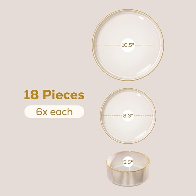 Romswi Ceramic 18Pcs Dinnerware Sets,Stoneware Plates and Bowls Set for 6, Chip & Scratch Resistant Ribbed Dish Set, Handmade Reactive Glaze, Oven, Microwave & Dishwasher Safe, Cappuccino White