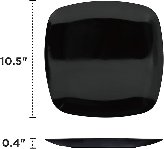 TP 10.5" Melamine Square Dinner Plates, 6-piece Plate Set Unbreakable Serving Dishes for Indoors and Outdoors, Unbreakable Dinner Service for 6, Black