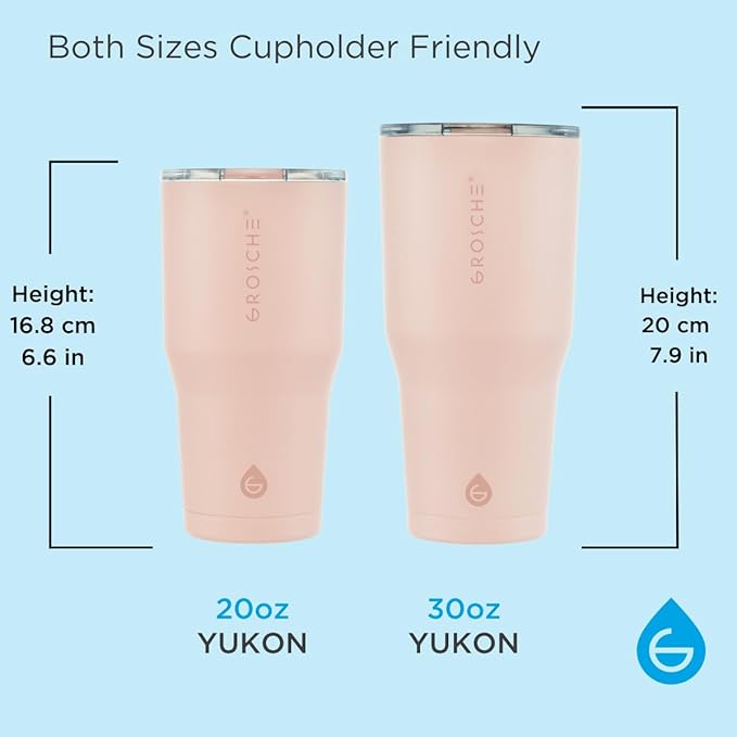 GROSCHE Yukon 20 oz Insulated Coffee Mug with Lid - Durable Travel Mug, Stainless Steel Tumblers, Vacuum Insulated Coffee Tumbler for Hot or Cold Beverages - PINK