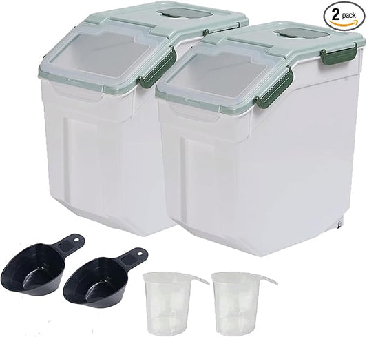 AnRui Airtight Flour Storage Container 25lb, Plastic Grain Storage Bucket, Rice Cereal Dispenser Organizer Box with Lid, Cat Dog Food Storage Bin with Measuring Cup, Scoop, Wheels, 2Pcs Green