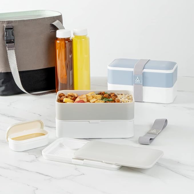 Restaurantware-Bento Tek 40.5 Ounces Stackable Lunch Meal Box, 1 Reusable Adult Lunch Container - With Utensils, Included Sauce Cup, Gray & White Plastic Layered Meal Box, Microwavable, Dishwashable