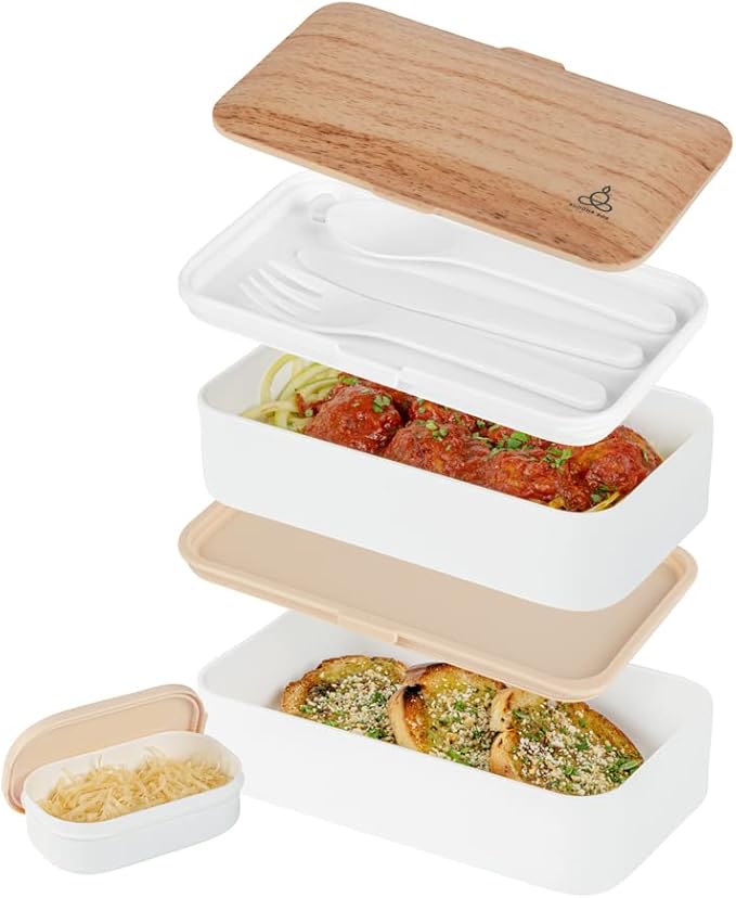 Restaurantware Bento Tek 40.5 Ounces Stackable Lunch Box 1 Reusable Adult Lunch Container - With Utensils Included Sauce Cup Wood Grain & White Plastic Layered Lunch Box Microwavable Dishwashable