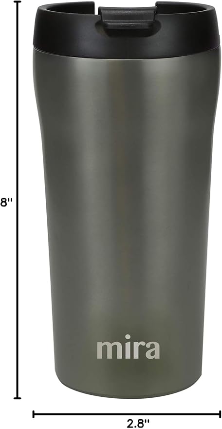 MIRA 16 oz Coffee Travel Mug - Stainless Steel Insulated Tumbler with Leak-Proof Lid - Hot & Cold Cup - Gray Satin