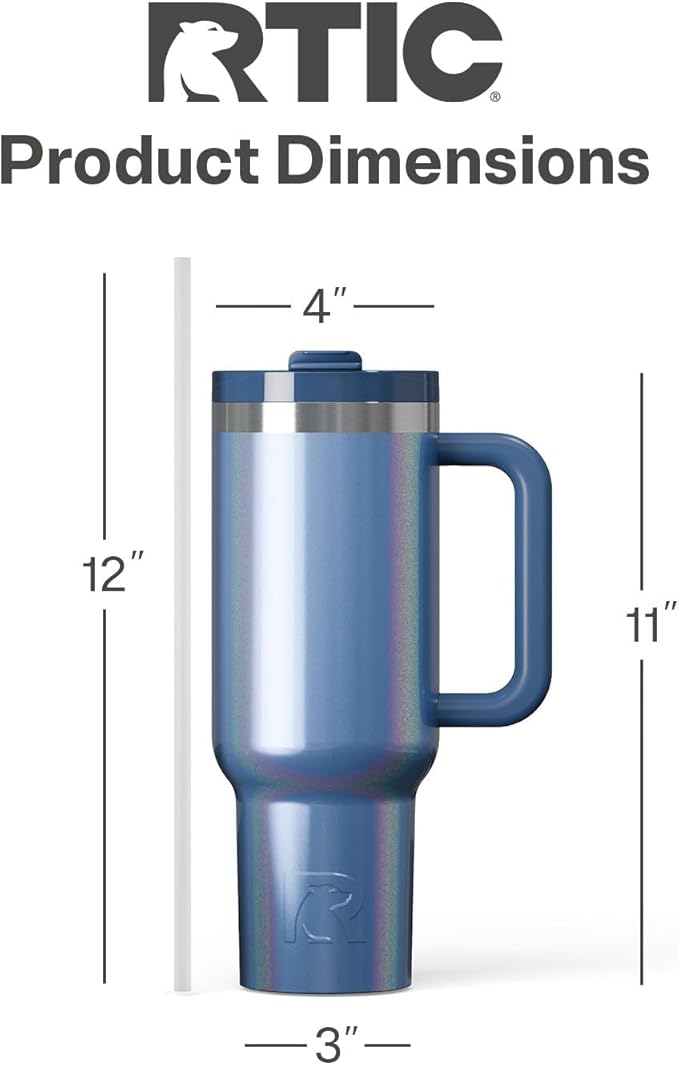 RTIC 40 oz Road Trip Tumbler Double-Walled Cermaic Lined Insulated Stainless Steel Portable Travel Coffee Mug Cup with Lid, Handle and Straw, Pond Glitter