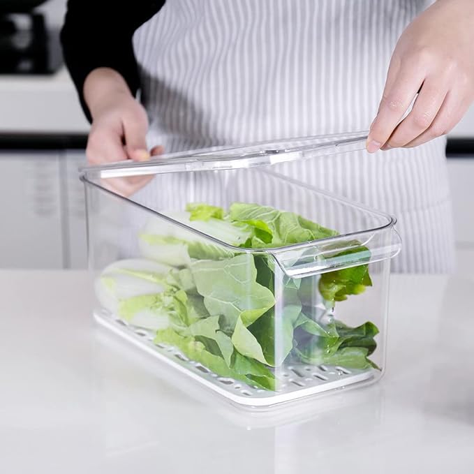 SANNO Produce Saver Containers for Refrigerator - Stackable Kitchen Organizer Keeper Bin, with Removable Drain Tray, Set of 6