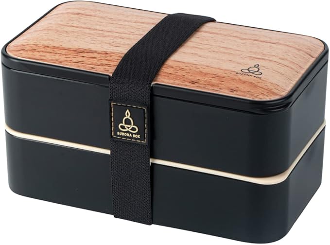 Restaurantware Bento Tek 40.5 Ounces Stackable Lunch Box 1 Reusable Adult Lunch Container - With Utensils Sauce Cup Wood Grain & Black Plastic Layered Lunch Box Microwavable Dishwashable