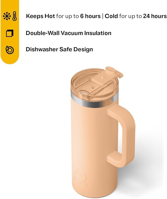 RTIC 20oz Road Trip Travel Mug with Lid and Handle, Ceramic Lined, Insulated, Stainless Steel, Metal, Double Wall Vacuum-Insulation, Portable Coffee, Tea Cup for Hot and Cold Drink, Peach Tea