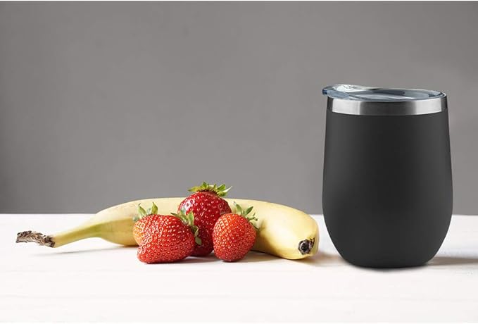 MEWAY Stemless 12oz Wine Tumbler Glasses with Lid -Insulated Double Wall Vacuum Stainless Steel Travel Tumbler with Straw,for Woman Under 10 dollars(Black,1)