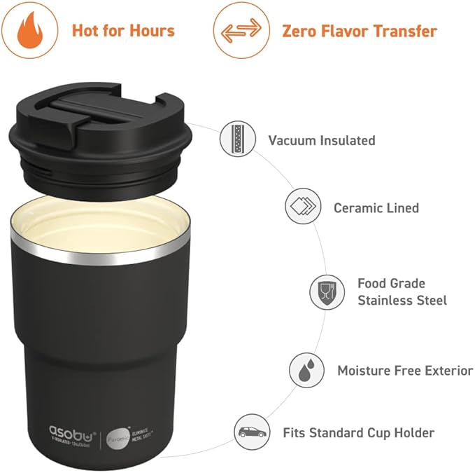 asobu Travel Mug Ceramic Coated Stainless Steel Insulated with Leak and Spill Proof Lid – Fits Standard Cup Holders 12 oz Tumbler (Black)