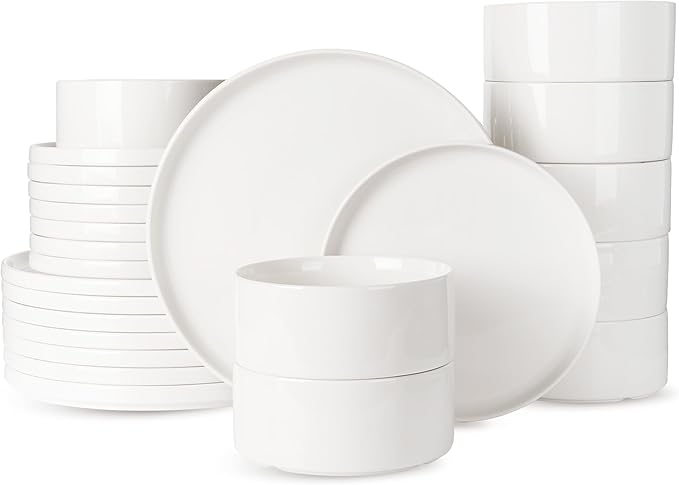 Famiware Porcelain Dinnerware Set, 24-Piece Modern Plate and Bowl Set, dish set for 8, Microwave and Dishwasher Safe Tableware, White