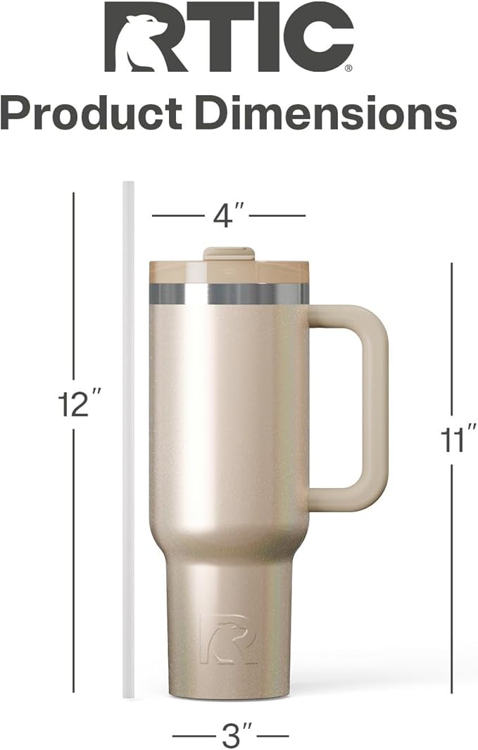 RTIC 40 oz Road Trip Tumbler Double-Walled Cermaic Lined Insulated Stainless Steel Portable Travel Coffee Mug Cup with Lid, Handle and Straw, Beach Glitter