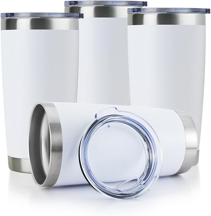 DOMICARE 20oz Stainless Steel Tumbler Bulk with Lid, Double Wall Vacuum Insulated Travel Mug, Powder Coated Coffee Cup, Powder White, 4 Pack