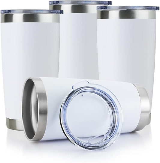 DOMICARE 20oz Stainless Steel Tumbler Bulk with Lid, Double Wall Vacuum Insulated Travel Mug, Powder Coated Coffee Cup, Powder White, 4 Pack