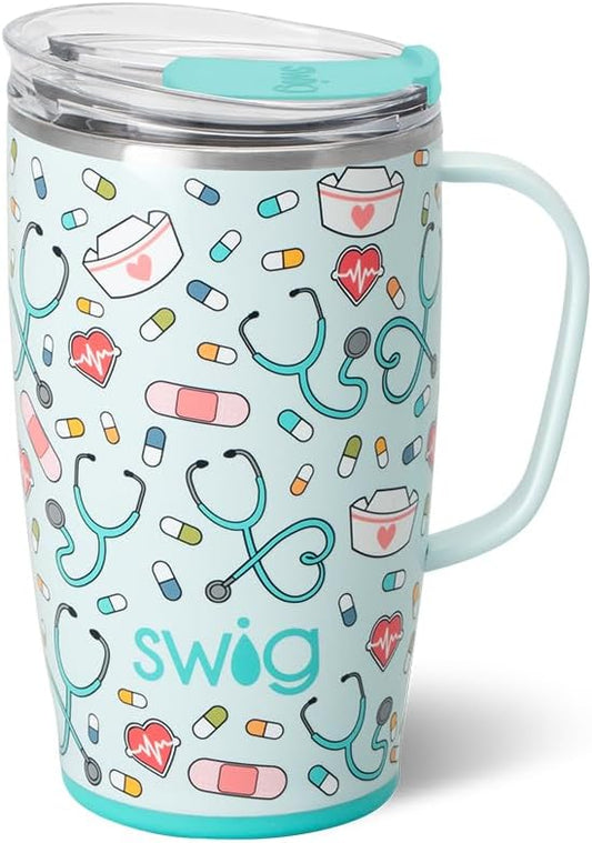 Swig Life 18oz Travel Mug, Insulated Tumbler with Handle and Lid, Cup Holder Friendly, Dishwasher Safe, Stainless Steel, Travel Coffee Cup, Nurse Gifts for Women (Scrub Life)
