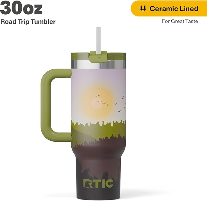 RTIC 30 oz Road Trip Tumbler Double-Walled Ceramic Lined InsulatedStainless Steel Portable Travel Coffee Mug Cup with Lid, Handle and Straw, Deep Woods