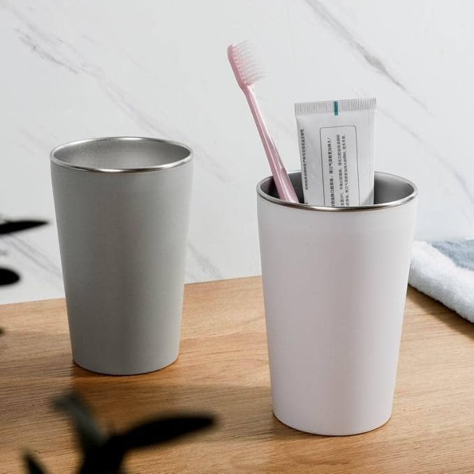 Drinking Cups 2PCS, Stainless Steel Coffee Cup 500 ml, Anti-Scald and Non-Slip Cup, Drinking Cup for Hot and Cold Drinks (White & Grey)