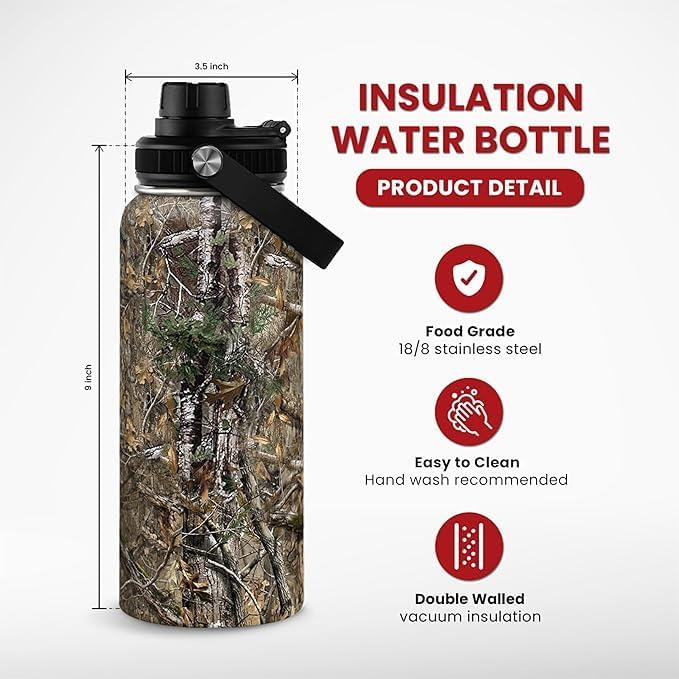 Camouflage Insulated Stainless Steel Water Bottle 32oz, Vacuum Chug Lid Travel Tumbler for Men Friends Dad Hunter Hunting Lovers, Gift for Birthday Christmas Father's Day