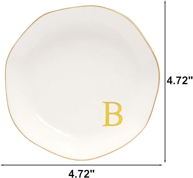 Ceramic Jewelry Tray Initial Ring Dish Personalized B-Monogrammed Engagement Wedding Gifts, for Birthday Mother's Day Christmas for Women, Ceramic White 4.75" (B)