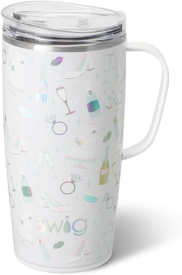 Swig Life 22oz Travel Mug, Insulated Tumbler with Handle and Lid, Cup Holder Friendly, Dishwasher Safe, Stainless Steel, Travel Coffee Cup, Insulated Mug with Lid (Bride to Be)