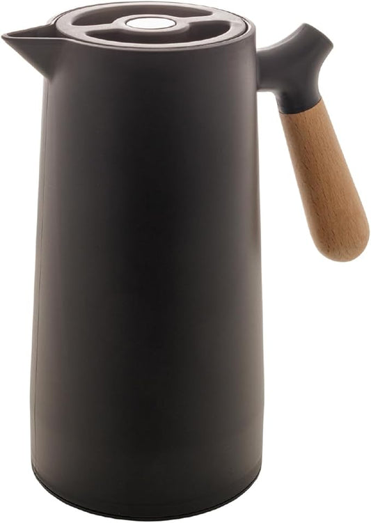 WOLFF - Thermal Coffee Carafe - 34oz / 1L Insulated Plastic Exterior Carafe for Hot or Cold Drinks - Leakproof Coffee and Tea Dispenser with Wood-like Handle and Glass Liner - Black, 34floz/1L