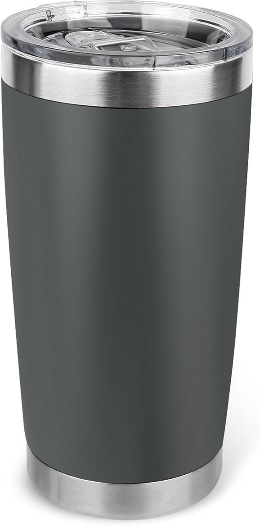20oz Stainless Steel Tumbler with Lid, Travel Mug - Double Wall Vacuum Powder Coated Cup - Grey, 1 Pack