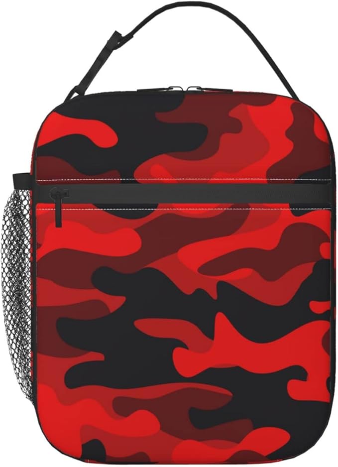 SUPLUCHOM Lunch Box Military Camouflake Camo Red Black Insulated Bag Reusable with Side Pocket for Work School Picnic Hiking Daytrip Kids boy Student Over 3 Years Old