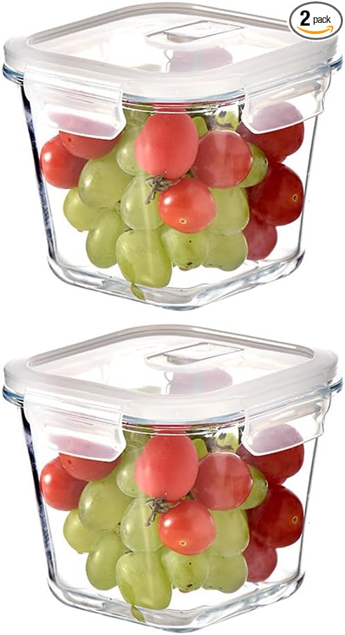 4 Cup Square Glass Food Storage Container with Lids, Square Glass Soup Container with Airtight Lids, 32 OZ Food Prep Bowls for Leftovers, Salad, Microwave、Fridge、Dishwasher Safe (2 Pack)