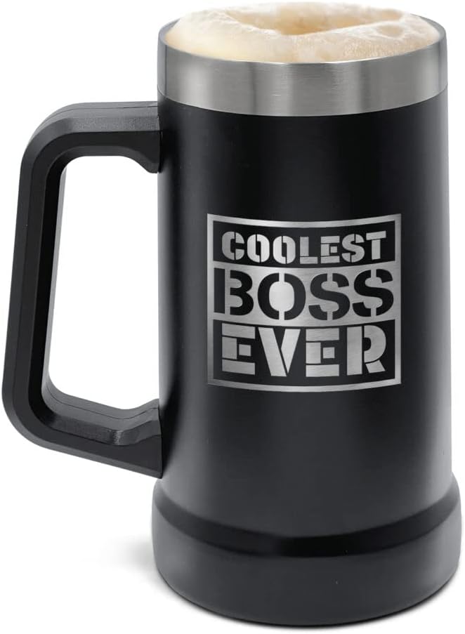 GALVANOX Stainless Steel Beer Mug Gift for Boss - Insulated XL 24oz Large Beer Stein Cup with Handle for Christmas/Office Appreciation Day, Gift Boxed “Coolest Boss Ever”