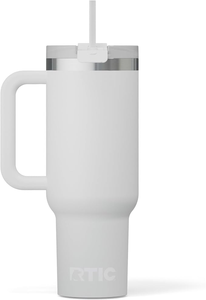 RTIC 40 oz Road Trip Tumbler Double-Walled Cermaic Lined Insulated Stainless Steel Portable Travel Coffee Mug Cup with Lid, Handle and Straw, Cool Grey