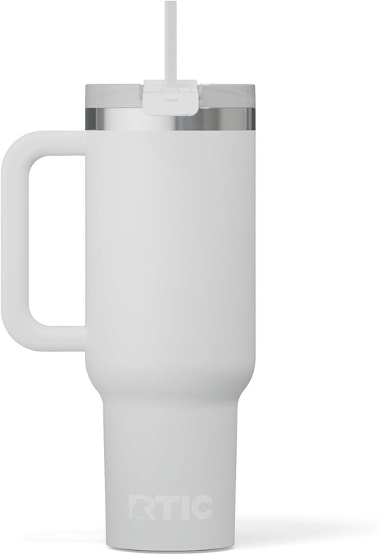 RTIC 40 oz Road Trip Tumbler Double-Walled Cermaic Lined Insulated Stainless Steel Portable Travel Coffee Mug Cup with Lid, Handle and Straw, Cool Grey
